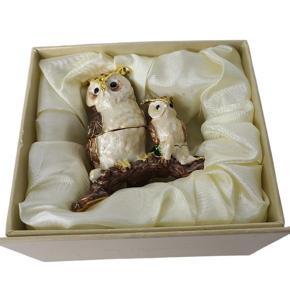 Pier 1 Owl with Baby Figurine Cloisonné Rhinestone Trinket Box Jewelry Holder - Picture 10 of 14